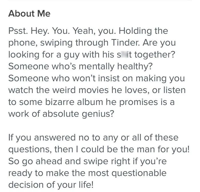Tinder bio example for guys highlighting humor, mental health, and unique personality traits in dating profiles.