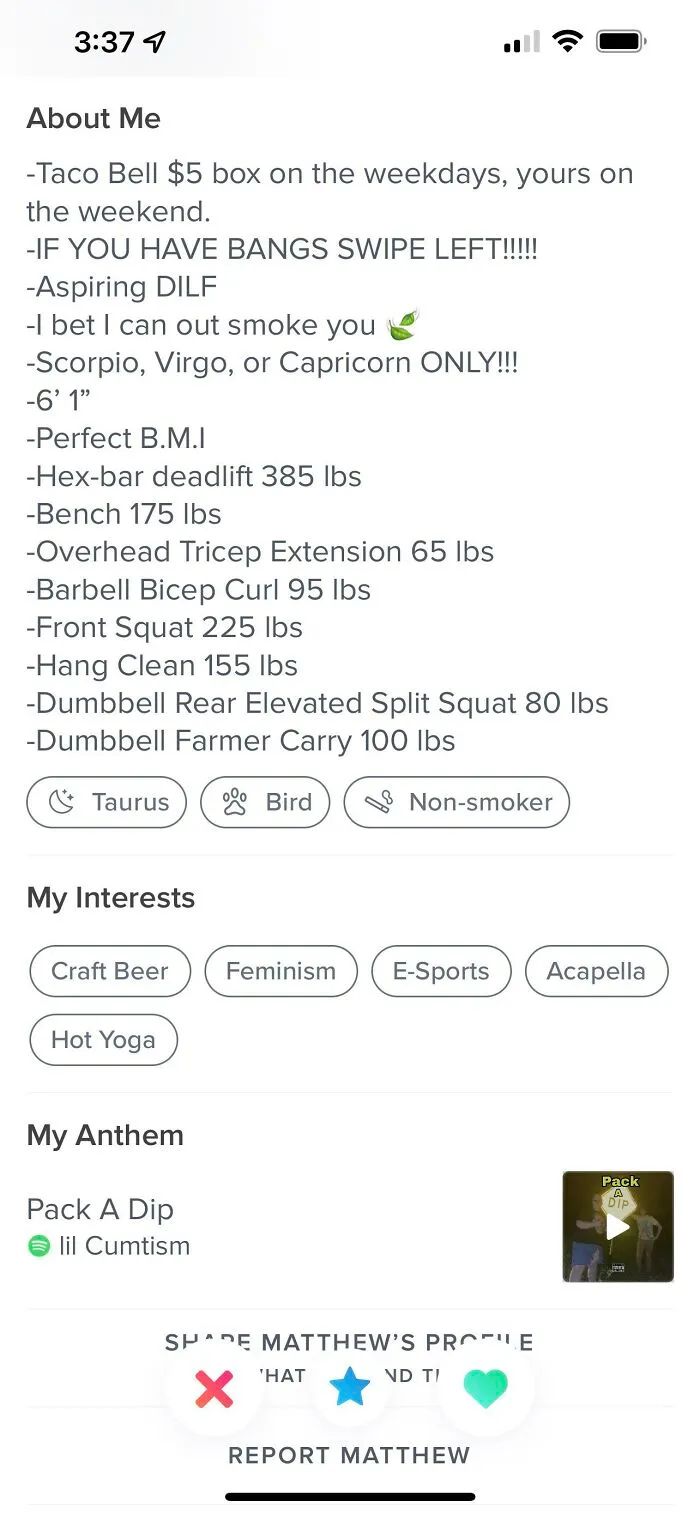 Tinder bio example for guys listing hobbies, fitness stats, zodiac signs, and personal preferences on a dating profile.