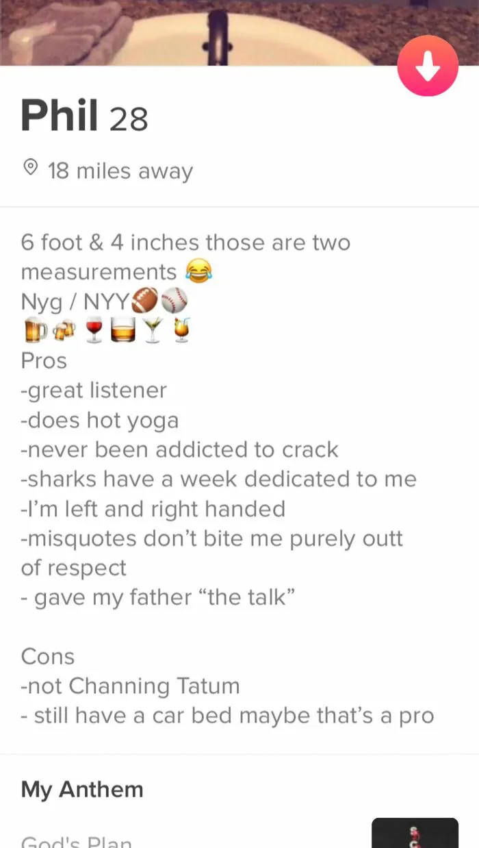 Tinder bio for guy named Phil listing humorous pros and cons, showcasing best Tinder bios for guys.