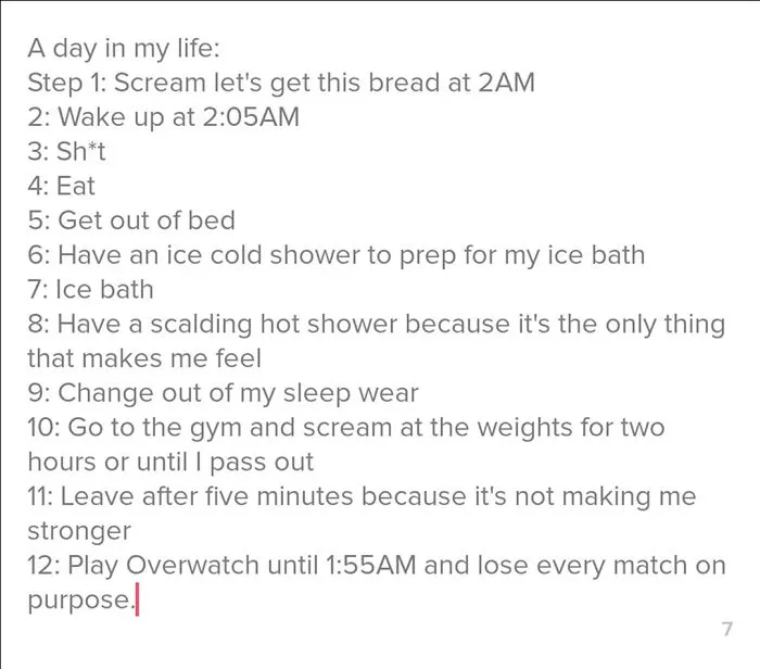 Screenshot of a humorous daily routine text, ideal for creative Tinder bios for guys aiming to stand out.