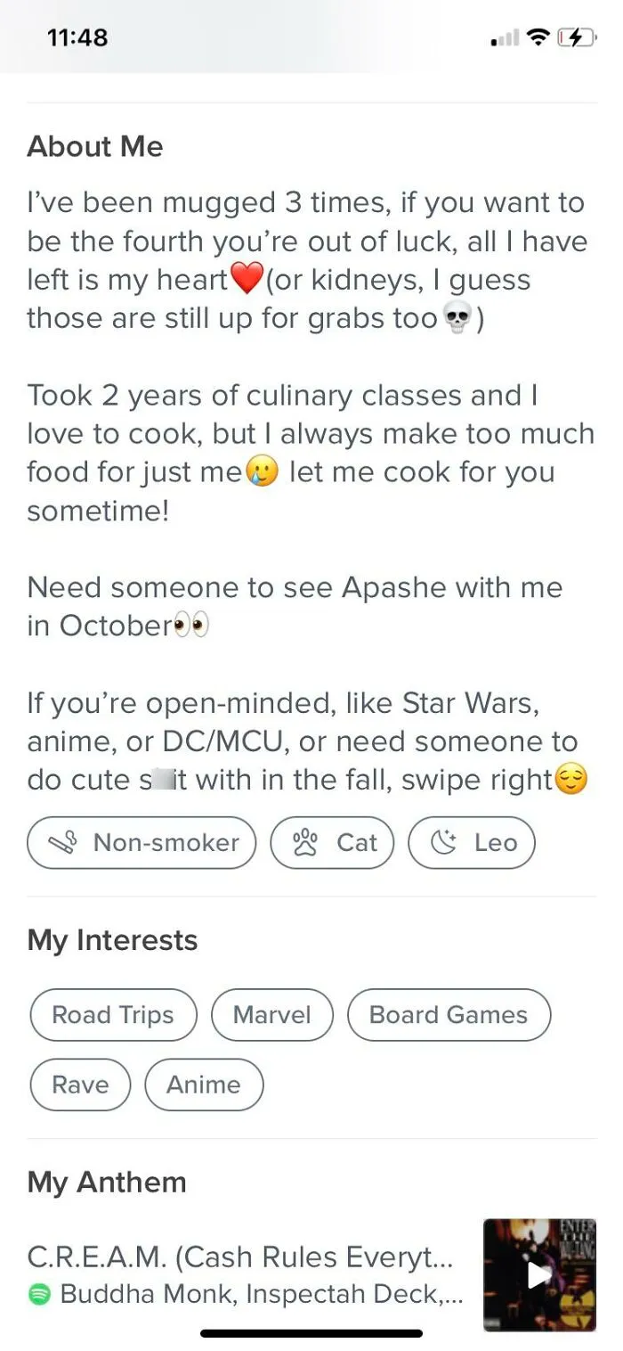 Tinder bio for guys featuring humor, cooking, pop culture, and interests like Marvel and anime in a dating profile.