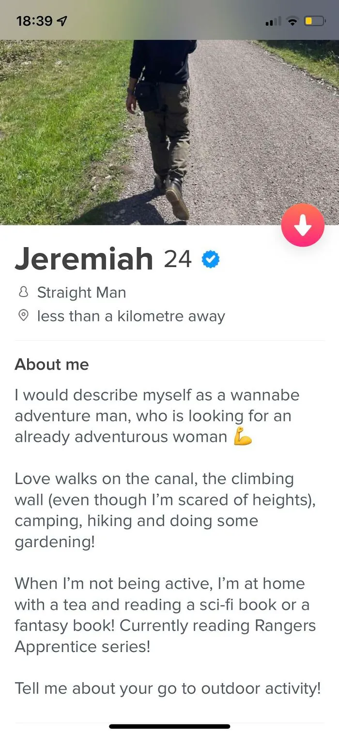 Tinder bio of adventurous guy Jeremiah, 24, describing love for hiking, camping, and outdoor activities in a dating profile.