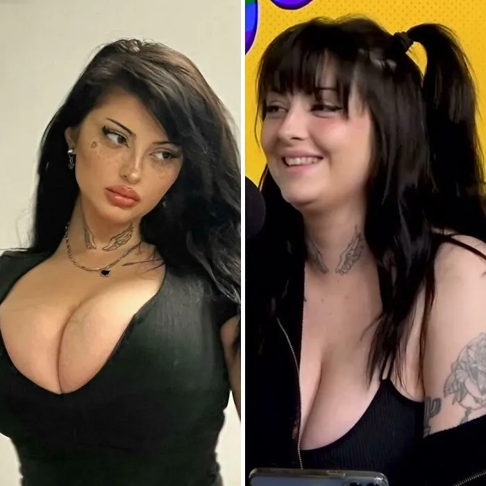 Mujer con fotos falsas y apariencia muy diferente en dos imágenes, ejemplo de personas fuera de la realidad.