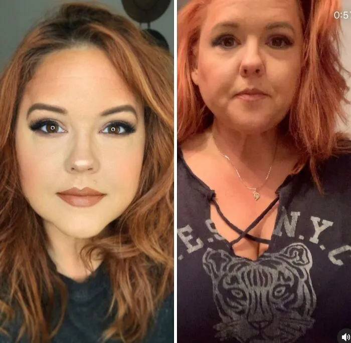 Mujer con maquillaje y apariencia retocada junto a foto natural, ejemplo de personas con fotos falsas fuera de la realidad.