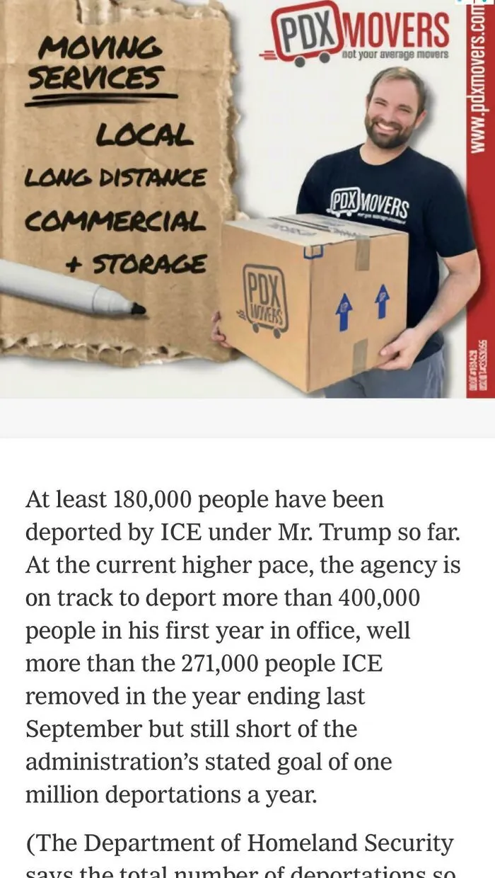 Smiling mover holding a box with logo, cardboard sign listing local, long distance, commercial moving services in advertising placement fail.