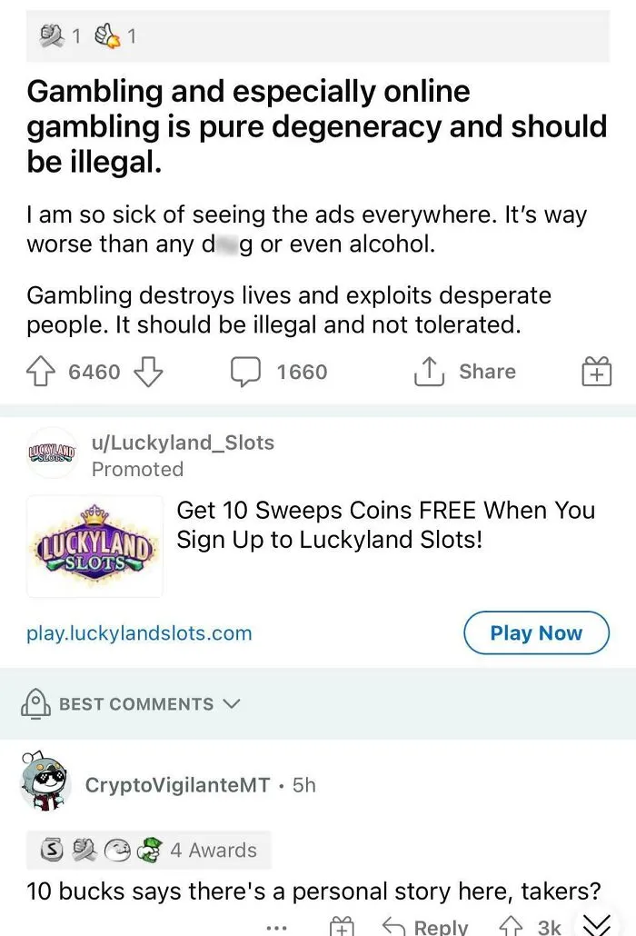Screenshot of a Reddit post criticizing gambling ads with a promoted Luckyland Slots advertisement below.