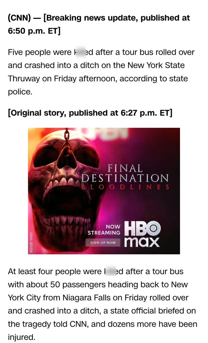 Skull hanging from chain in a streaming ad fail for Final Destination Bloodlines on HBO Max causing advertising placement laughs.
