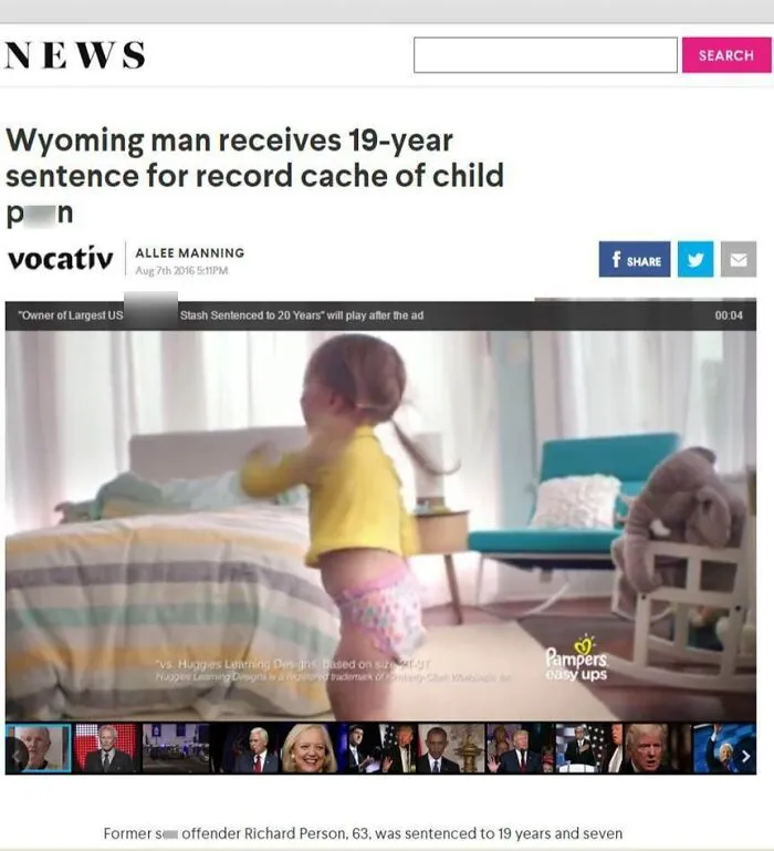 News article showing a controversial advertising placement fail involving a child product and serious crime headlines.
