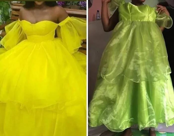 Comparison of a bright yellow formal dress ordered versus a different green dress received illustrating funny order fails.