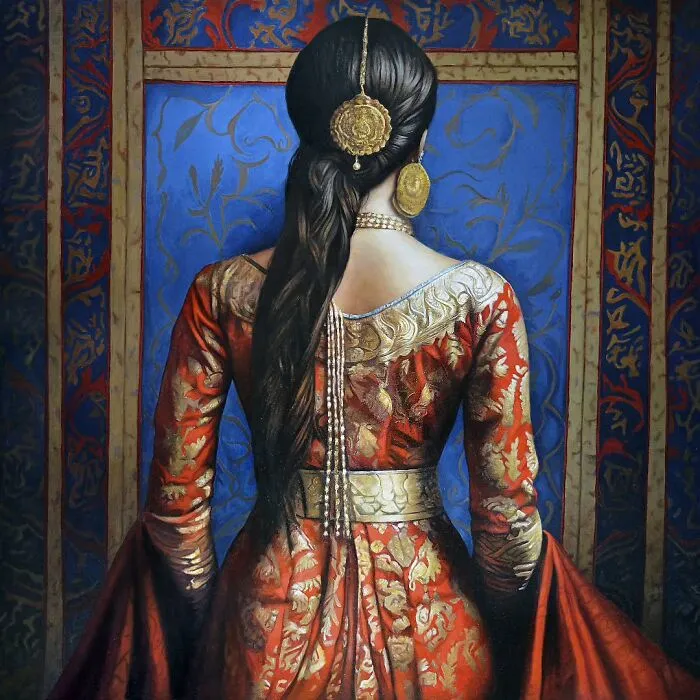 Woman in colorful traditional dress and gold jewelry, showcasing strength and beauty in a vibrant cultural painting.