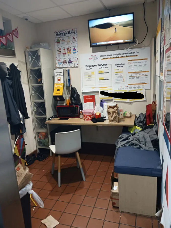 It Is Really Small 2 People Can Sit Side By Side. It's Always Full Of People's Stuff, So I Don't Sit In There On Break