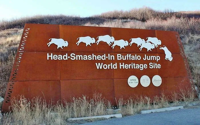 Rust-colored sign for Head-Smashed-In Buffalo Jump World Heritage Site in a dry grassy landscape, moderately interesting landmark.