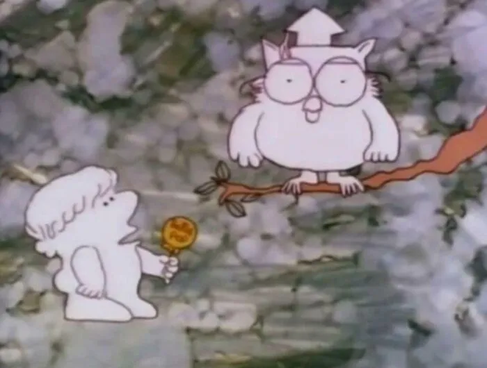 Classic cartoon scene showing a small character with a lollipop talking to an owl on a tree branch, nostalgic pic.