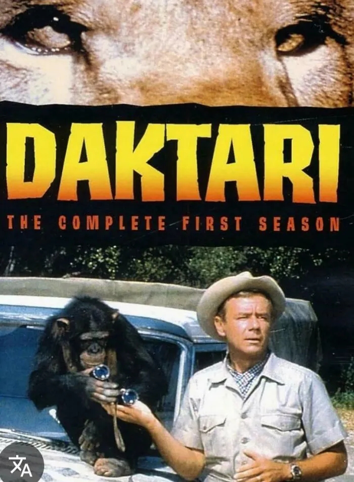 Man in safari outfit with a chimpanzee wearing glasses, nostalgic image reminding viewers of old age.