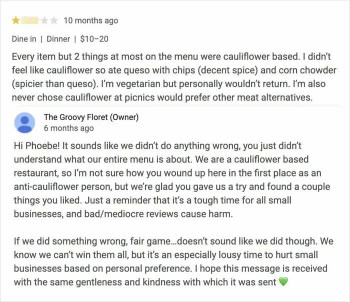 Goes To Cauliflower Restaurant But Dislikes Cauliflower