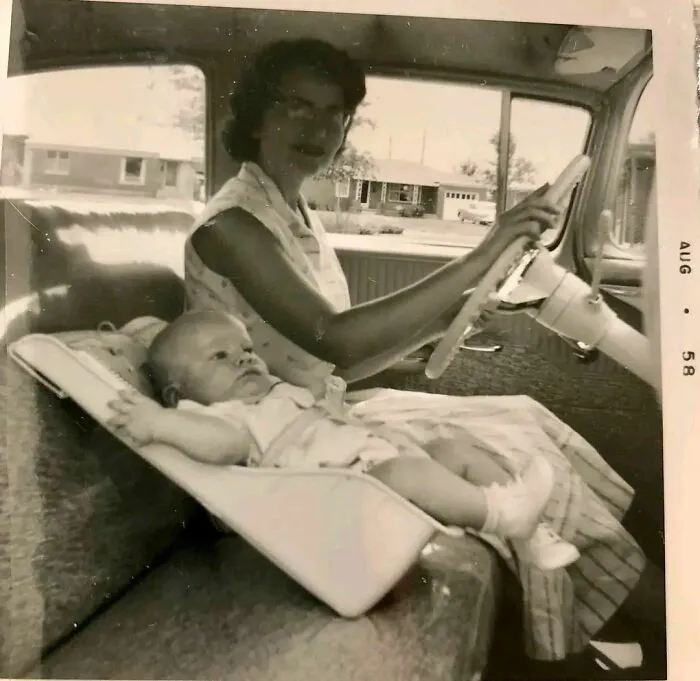 Car Seat Safety In 1958. Not Strapped In To Anything, These Seats Relied On The Mother To Put Her Arm Out And Stop The Baby From Falling Forward