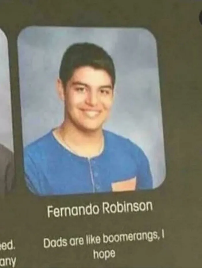 Yearbook photo of a smiling young man with a humorous caption, part of funny and bizarre images combining the holy and cursed.