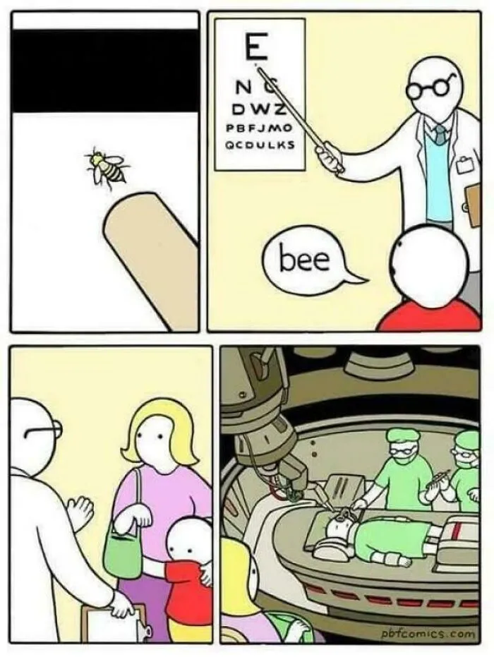 Cartoon comic showing a bizarre scene of eye exam with a bee, blending humor in funny and bizarre images.
