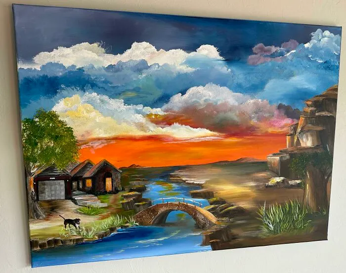 Mi madre tiene 67 años y aprendió a pintar viendo a Bob Ross. Está pintando lienzos de nuestras casas, de mis hermanos y de mí. ¡Incluso incluyó a mi perro Jax!