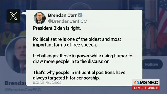 Tweet discussing political satire’s role in free speech and censorship, highlighting a there-was-an-attempt-fail-pics context.
