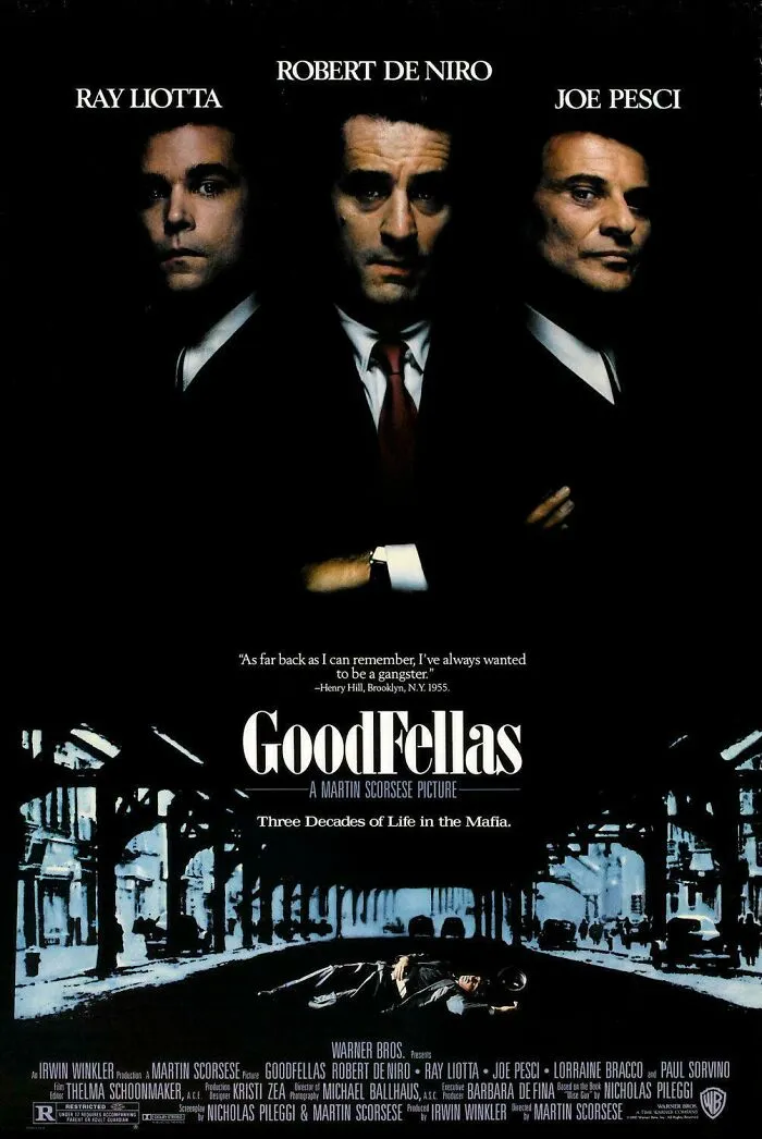 Goodfellas movie poster featuring Robert De Niro, Ray Liotta, and Joe Pesci in a classic 90s childhood memory theme.