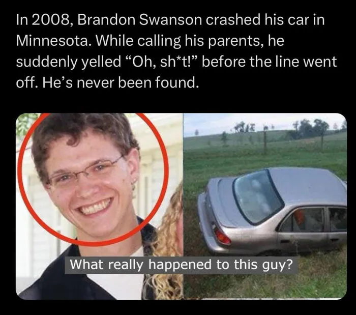 Photo of a young man circled in red next to a crashed car in a field, illustrating a still remains undiscovered mystery.