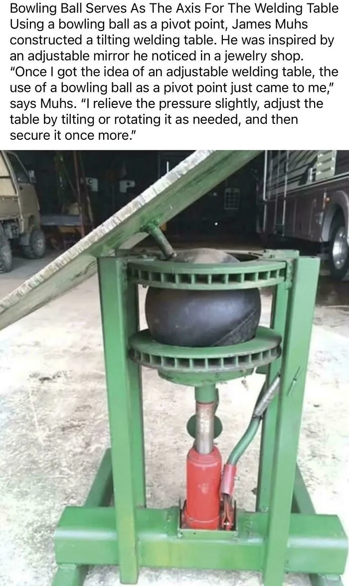 Homemade welding table using a bowling ball as a pivot point illustrating redneck engineer creativity.