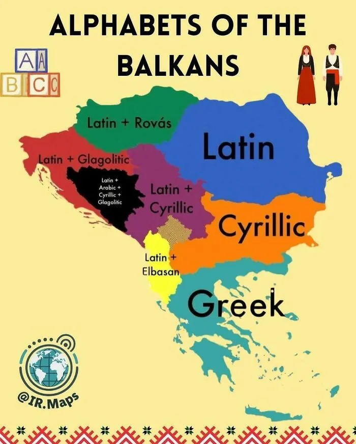 Map showing alphabets of the Balkans region with Latin, Cyrillic, Greek, Glagolitic, Rovás, and Elbasan scripts.