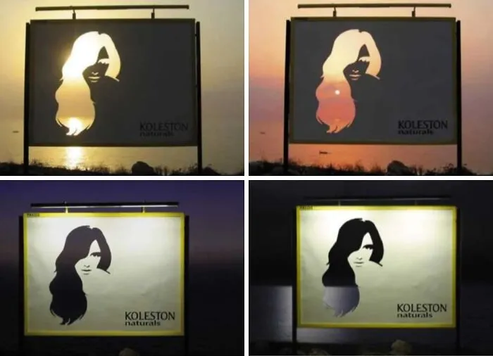 Este cartel publicitario fue diseñado para cambiar el color del pelo del cartel en diferentes momentos del día.