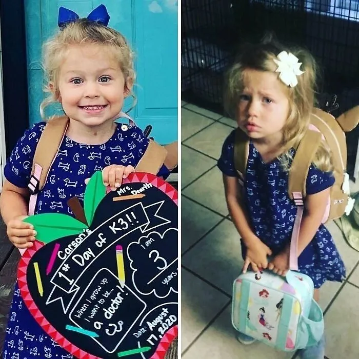 Smiling and upset young girl with backpack showing funny photos revealing the stark differences between moms and dads.