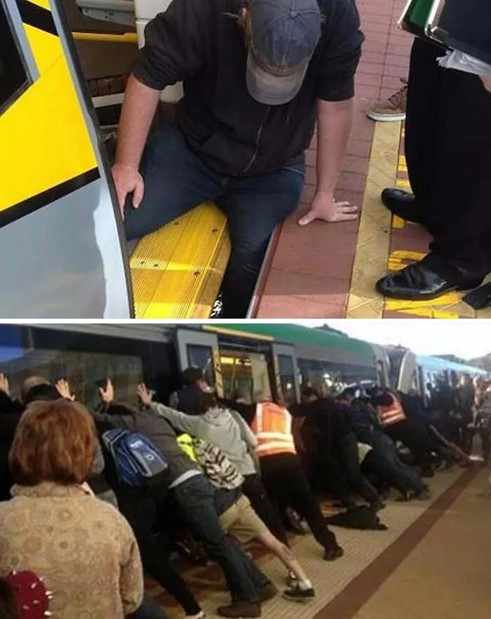 This Guy Got Stuck With His Leg Between A Train And The Platform. So Hundreds Of People Started To Tilt The Train Backwards And Saved The Guy