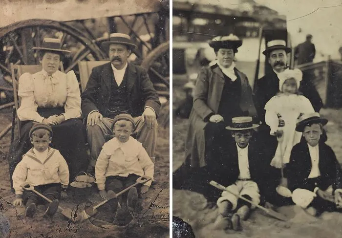 Vintage family photos from the 1900s showing adults and children in period clothing with hats and props in outdoor settings.