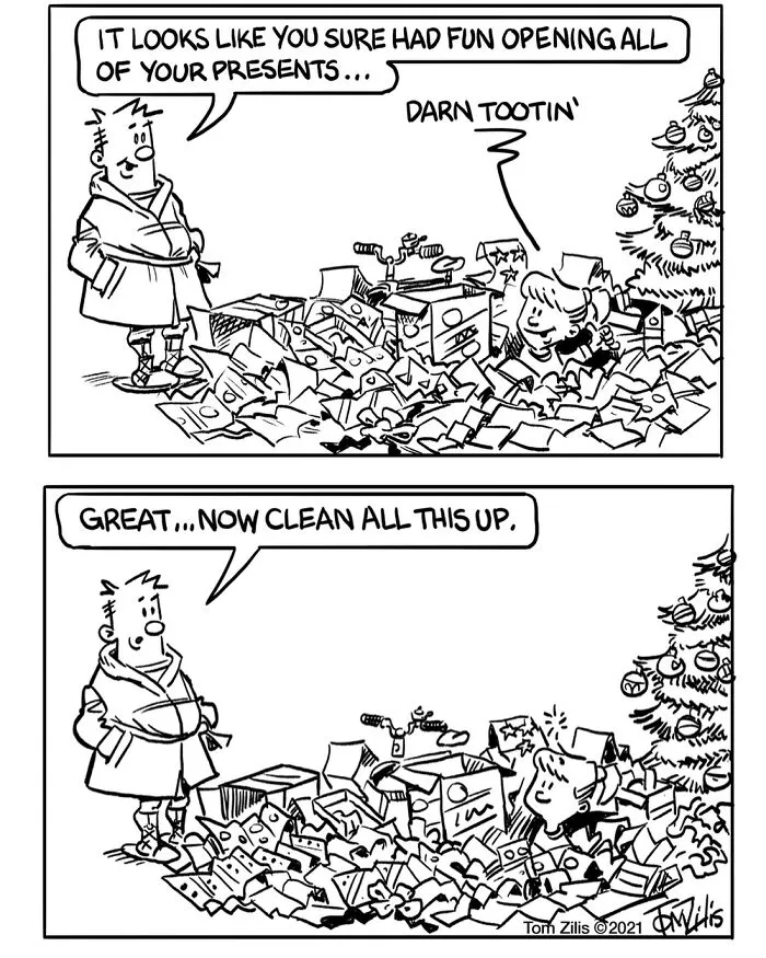 Cartoon showing a messy room after opening presents, capturing the quirky side of life in funny comics.