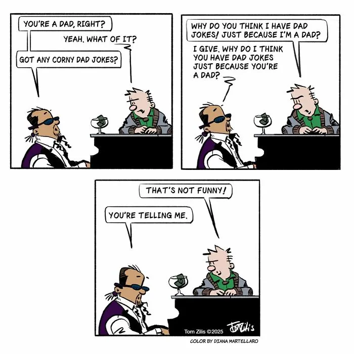 Comic strip featuring a quirky dad joke exchange, capturing the funny and quirky side of life in humorous comics.