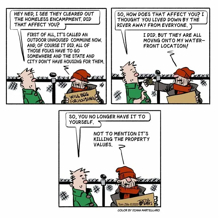 Comic strip showing quirky life moments with two men discussing homelessness and property values in a funny way.