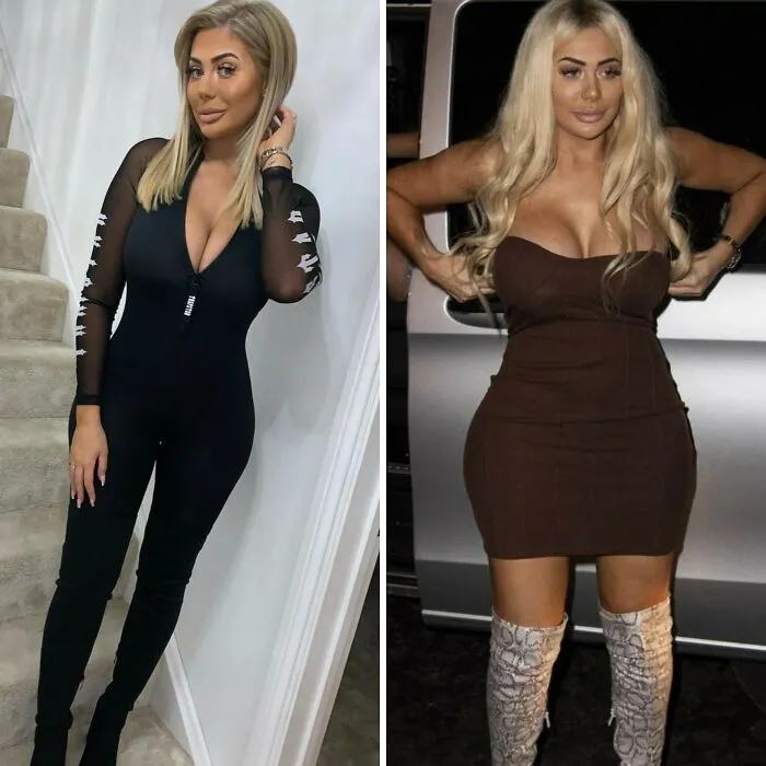 Dos mujeres posando con vestidos ajustados en fotos falsas de personas desconectadas de la realidad.