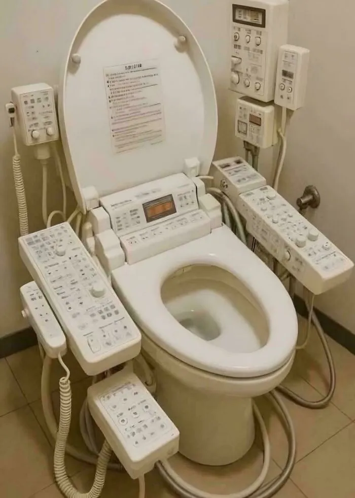 Toilet equipped with multiple electronic control panels, illustrating painful pics of people handling electronics the wrong way
