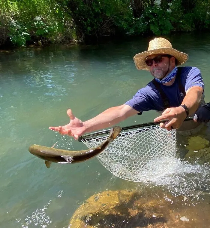 Hombre con sombrero intentando atrapar pez con red en el momento justo antes de un desastre gracioso al pescar.