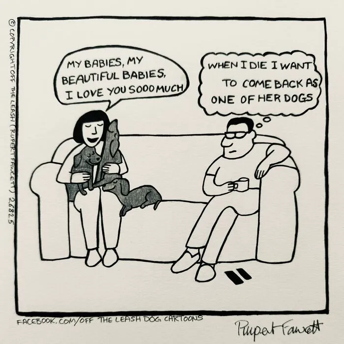 Cartoon showing the joy and chaos of owning a dog with a woman hugging dogs and a man wishing to be one.