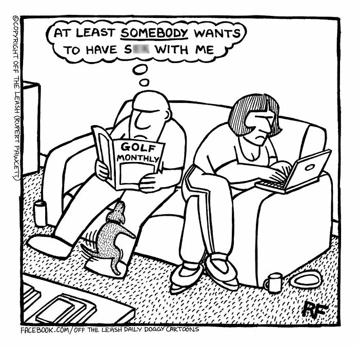 Man reading a magazine with a dog on his lap, showing chaos and joy of owning a dog in a comic scene.