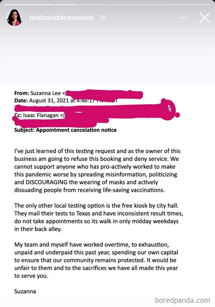 Candace Owens Tried To Get A Covid Test In Aspen, Co, But Was Denied Service (From A Private Facility) And Received This Email, And It’s The Best Thing I’ve Ever Read