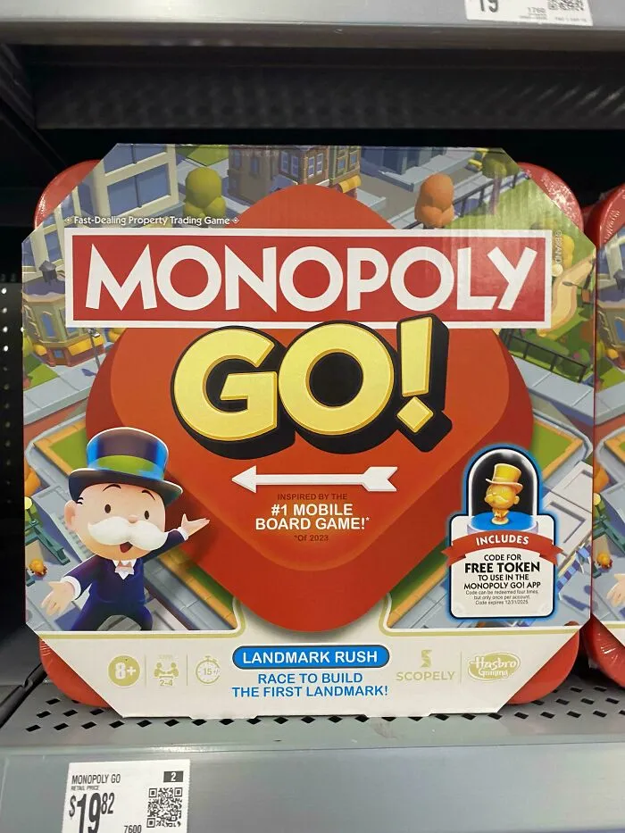 Monopoly Go board game packaging featuring landmark rush edition and digital free token for mobile play.