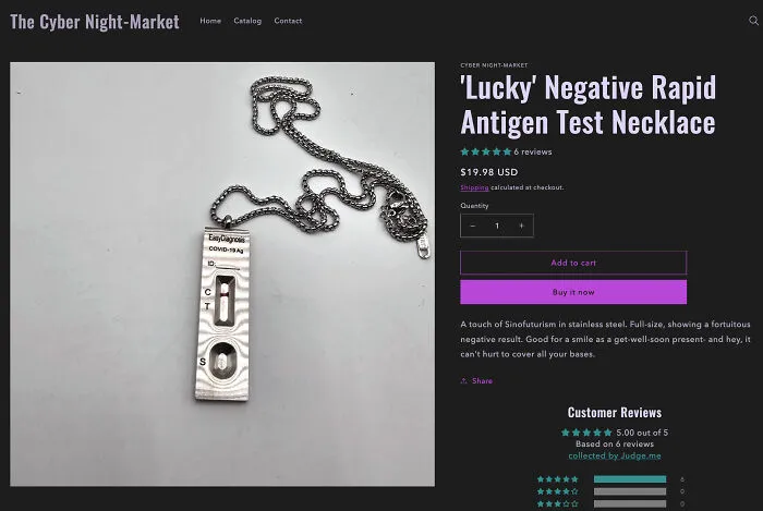 Negative rapid antigen test necklace on chain, a nonsensical item that actually exists for quirky fashion.