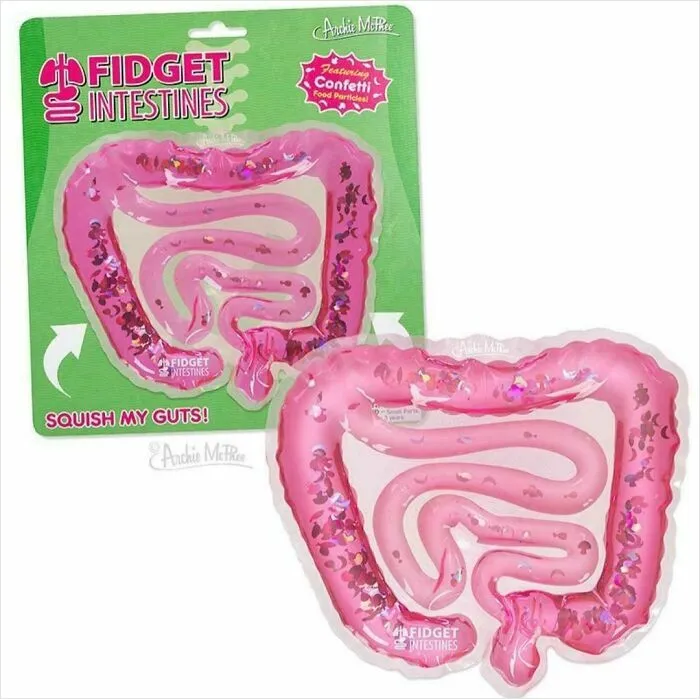 A Fidget Squeeze Toy That Looks Like Intestines With Confetti "Food Particles"