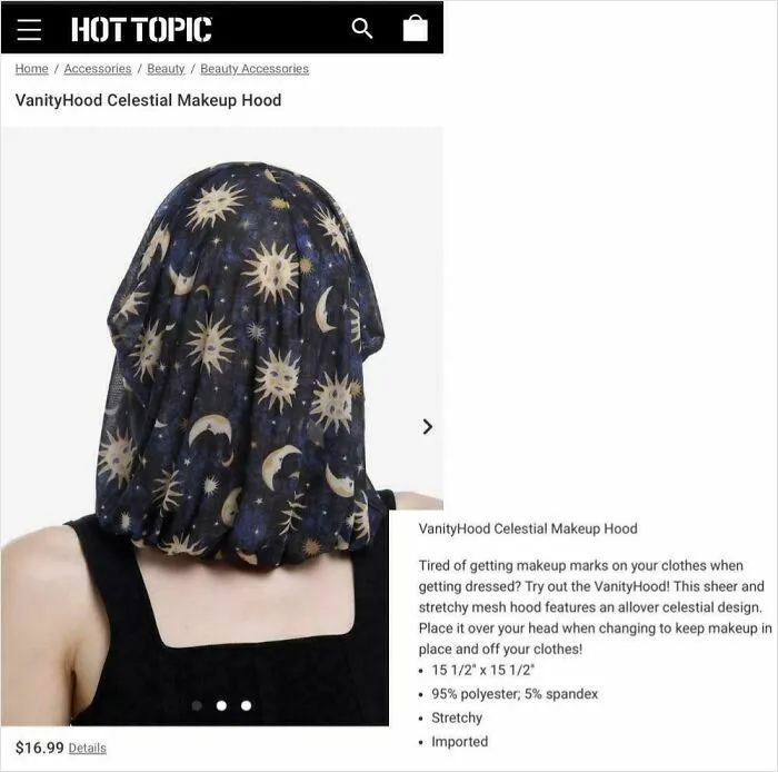 Celestial makeup hood with sun and moon design to prevent makeup stains, a nonsensical fashion accessory.