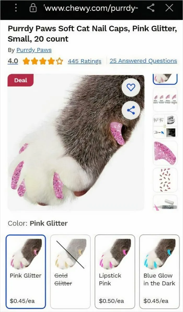Cat paw with pink glitter soft nail caps, showcasing one of the most nonsensical things that actually exist products.