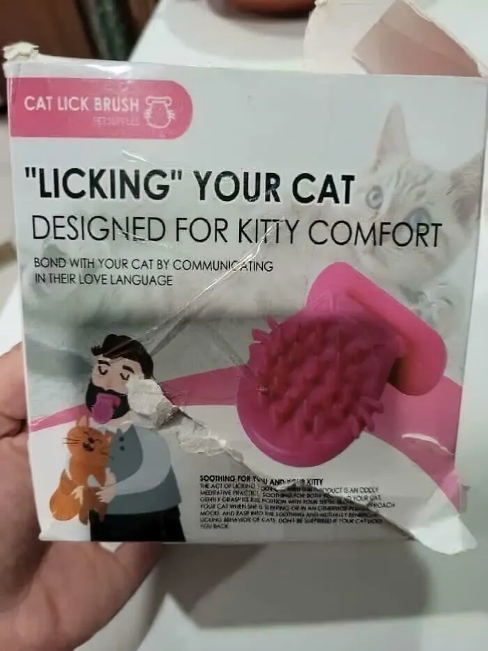 Packaging of a nonsensical cat lick brush designed for kitty comfort and bonding with cats through grooming.