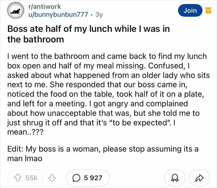 Boss Ate Half Of My Lunch While I Was In The Bathroom