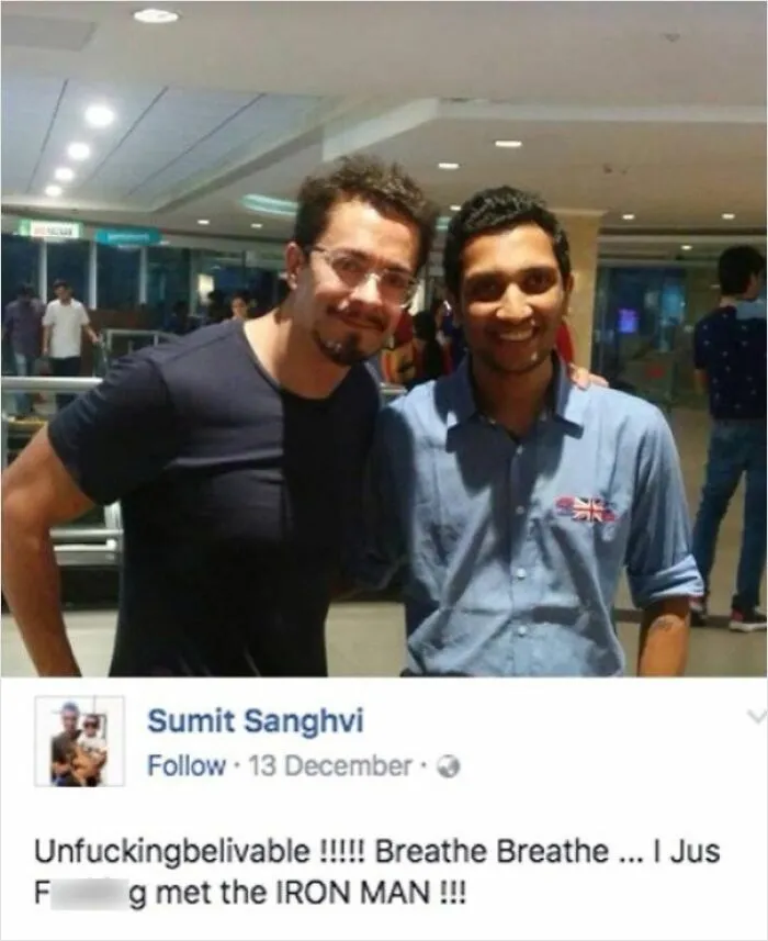 Two men posing for a photo with a humorous celebrity lookalike, a popular example from Johnny Derp online posts.