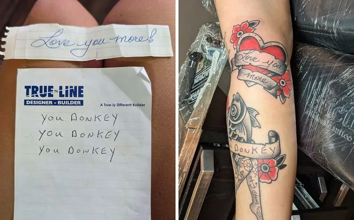 Handwritten note calling someone donkey contrasted with a tattoo of the same note, highlighting funny differences between moms and dads.